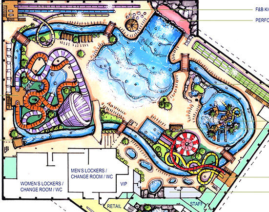 Projeto de parque aquático inclusivo com acessibilidade de cadeira de rodas Plano de maior escala e capacidade do sistema de filtragem